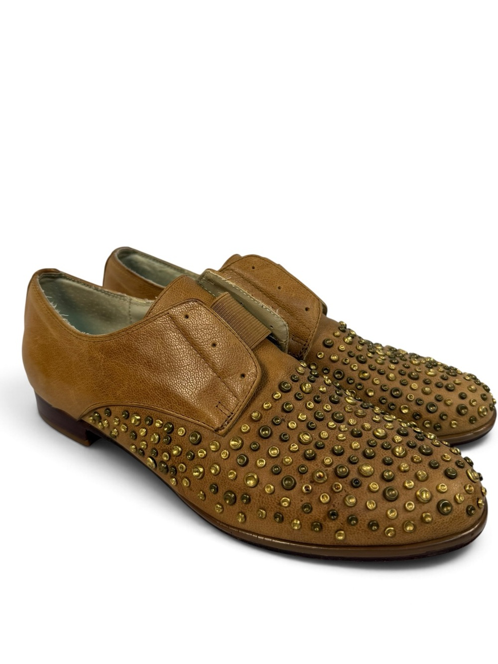 Candela Tan Leather Gold Studded Loafers Oxfords Size 8